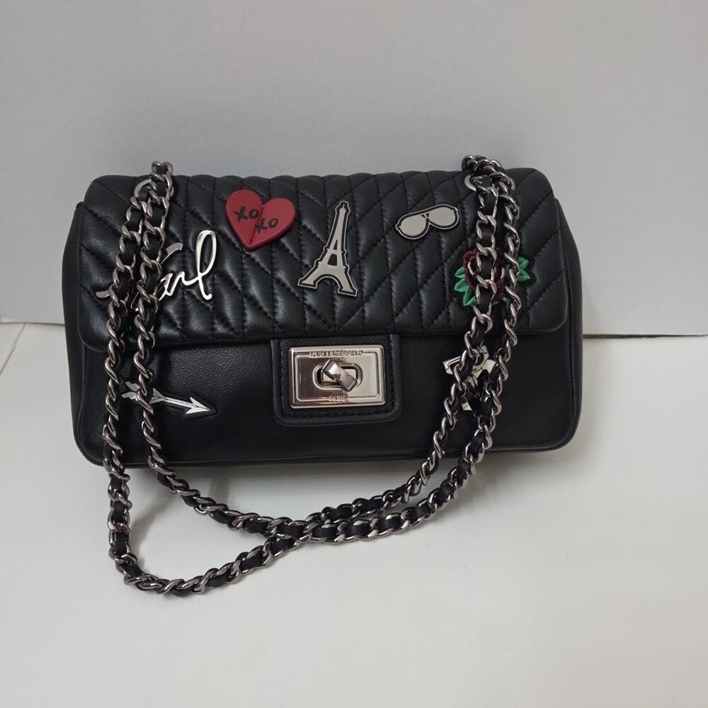 Karl Lagerfeld Paris Quilted Shoulder Bag Black Leather Chain Strap Patch Purse - Picture 2 of 12